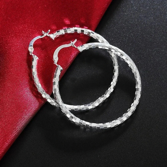 925 Sterling Silver Shiny Textured Round Hoop Earrings - Picture 1 of 8